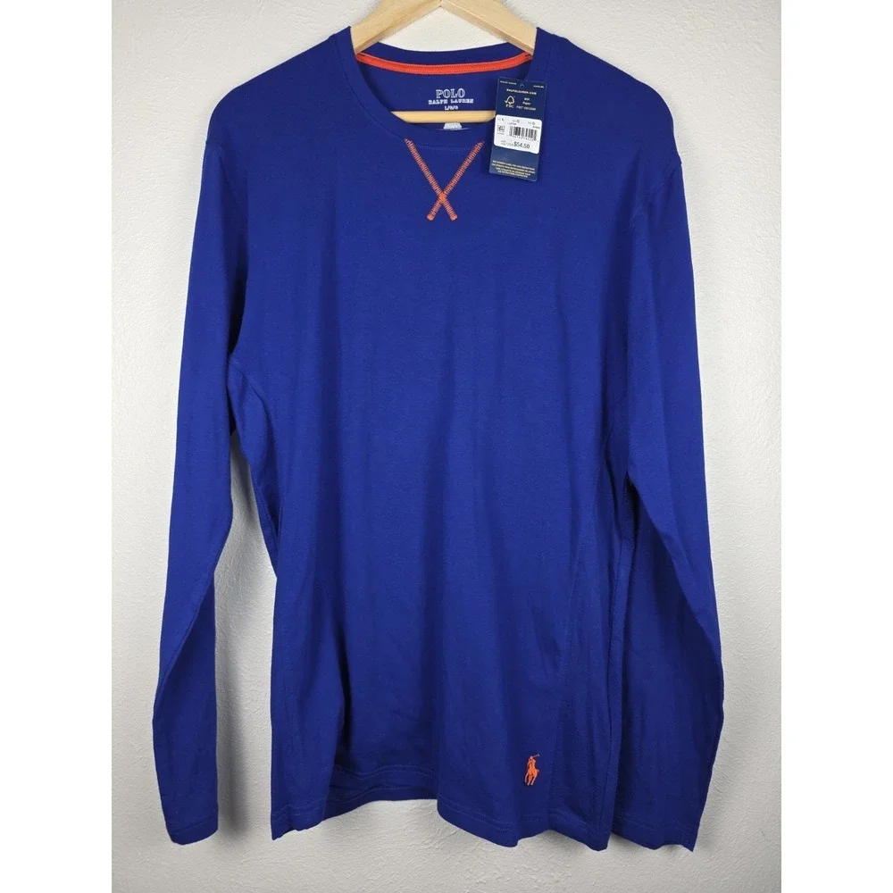 Polo Ralph Lauren Sleep Shirt Blue Orange Stitch Cotton Men's Large Long Sleeve